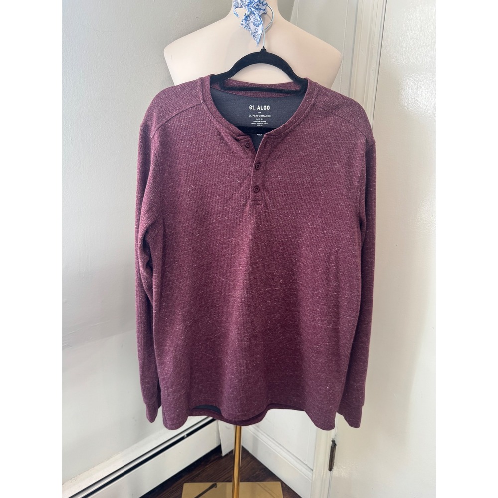 01.Algo Burgundy Waffle Knit Performance Henley Long Sleeve | Men's L
